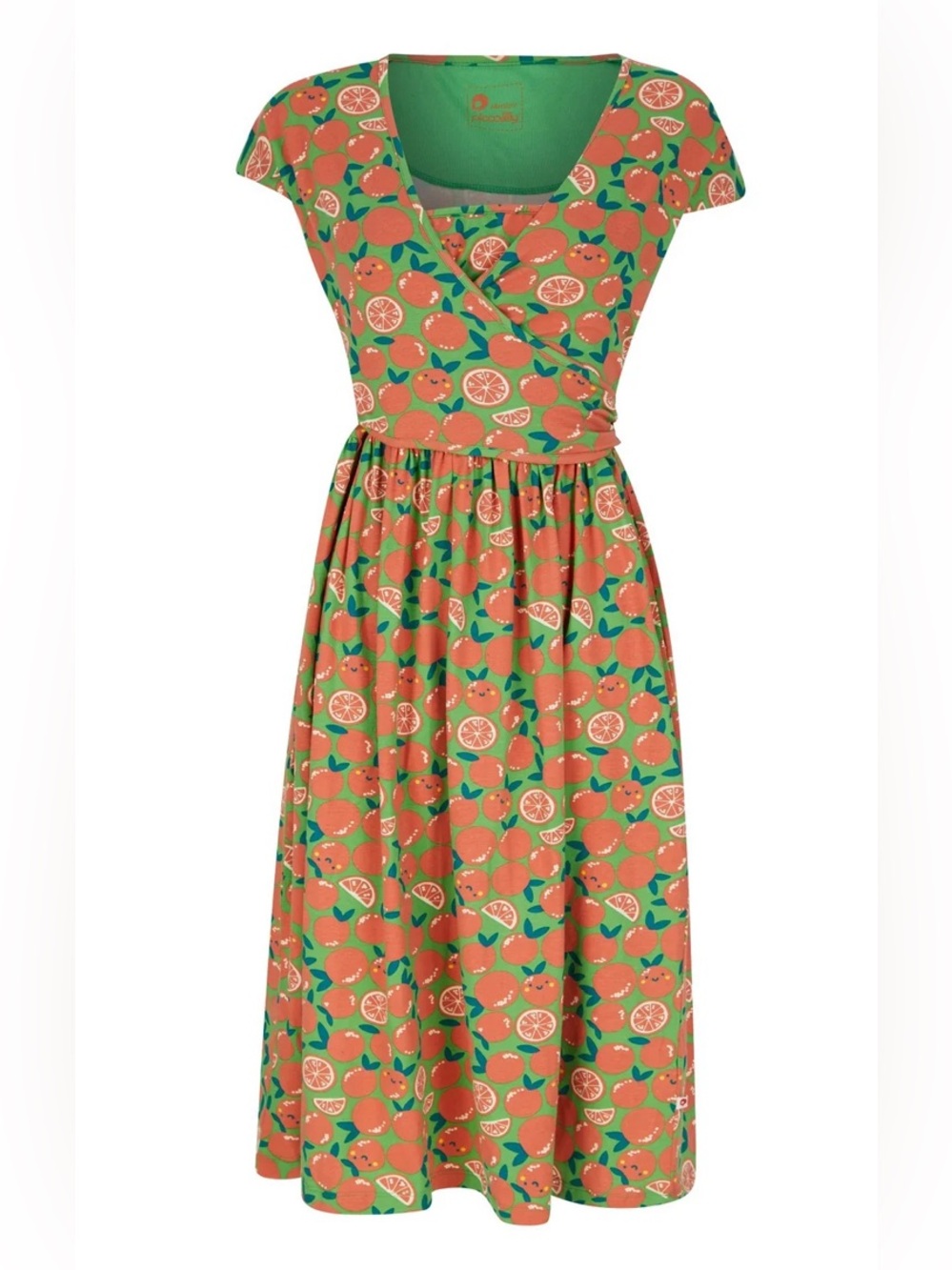 Piccalilly Women's Orange Print Wrap Midi Organic Cotton Dress Large